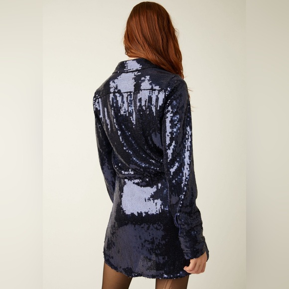 Free People Sophie Sequin Navy Blue Shirt Dress Long Sleeve Disco Dance - size M - Picture 2 of 7
